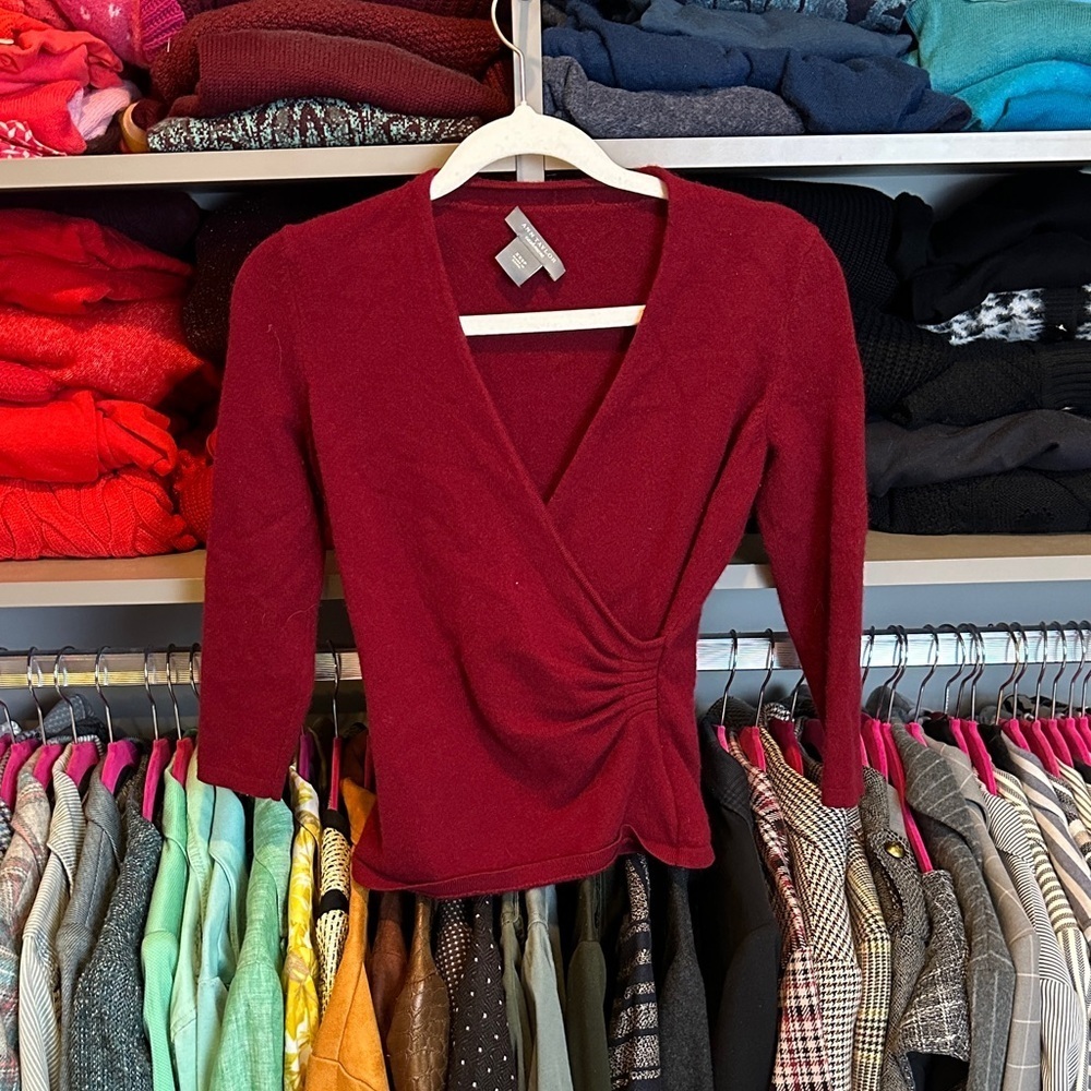 Ann Taylor 100% cashmere maroon v neck 3/4 sleeve sweater size XXSP